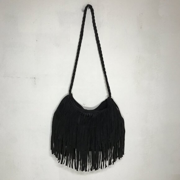 J.J. Winters Fringe Suede Black Boho Hippie Crossbody Shoulder Bag Braided Strap - Picture 3 of 14